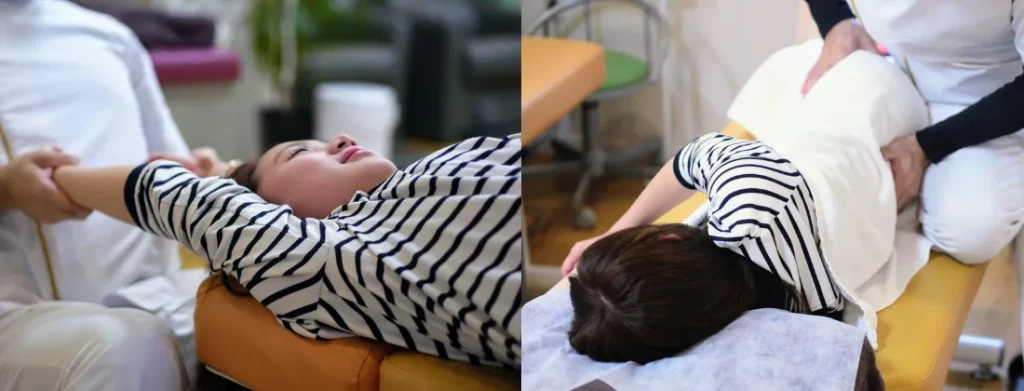 肩まわりと肩甲骨まわりのソフトな施術風景|ひまわり接骨院 整体院 瀬戸店